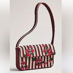 NWT ANTHROPOLOGIE Fiona Beaded Bag, Floral Edition, Maroon Stripe